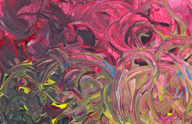 istock Chaotic swirls of multicoloured paint on old pallet board. Psychedelic abstract marbling effect 1432272166