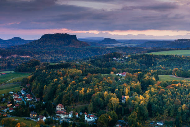 A wonderful view of a village in the countryside in autumn. Saxon Switzerland National Park. Germany. Saxony. stock photo