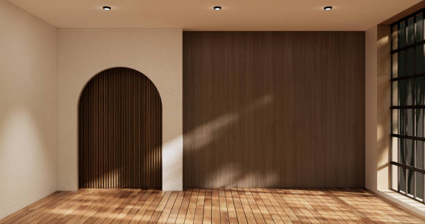 istock Idea of empty room interior zen style floor wooden on white empty wall.3D rendering 1432273593