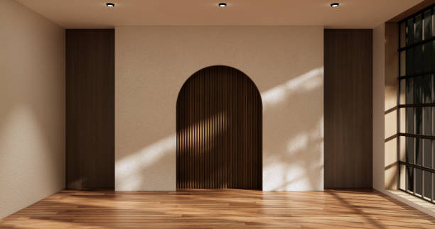 istock Idea of empty room interior zen style floor wooden on white empty wall.3D rendering 1432273605