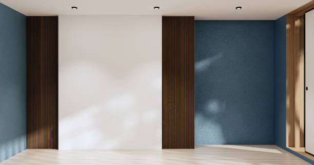 istock blue room and wood panels wall background 3D illustration rendering 1432273948