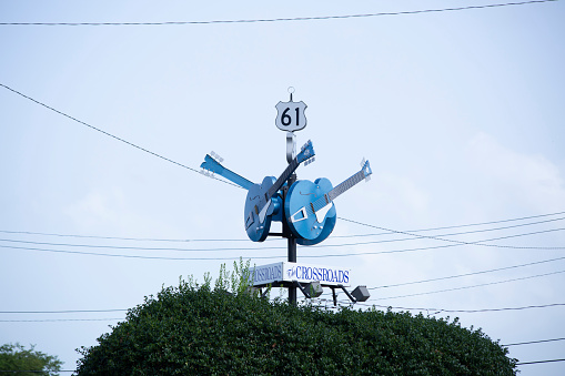 Clarksdale, Mississippi/United States - July 11, 2016: Guitars show the junction of US 61 and US 49 in Clarksdale often designated as the famous crossroads where according to legend Robert Johnson sold his soul to the Devil in exchange for mastery of the blues. On July 11, 2016 in Clarksdale, Mississippi.
