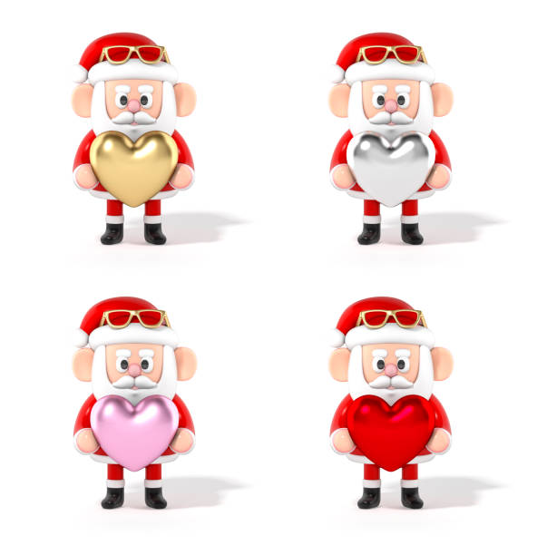 Set Santa Claus 3D cartoon character holding a golden, silver, red and pink heart on white background 3d rendering. 3d illustration celebration christmas and cute new year festive design concept. establece el personaje de dibujos animados en 3d de santa claus sosteniendo un corazón dorado, plateado, rojo y rosa sobre una representación 3d de fondo blanco. ilustración 3d celebración navidad y lindo año nuevo concepto de diseño festivo.