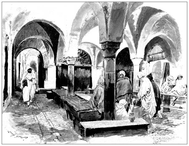 Antique image: Old slave market, Tunis Antique image: Old slave market, Tunis slave market stock illustrations