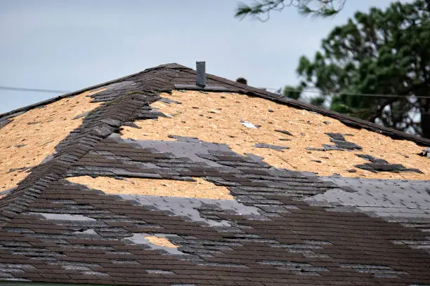 Photo of Wind damaged house roof with missing asphalt shingles after hurricane Ian in Florida. Repair of home rooftop concept