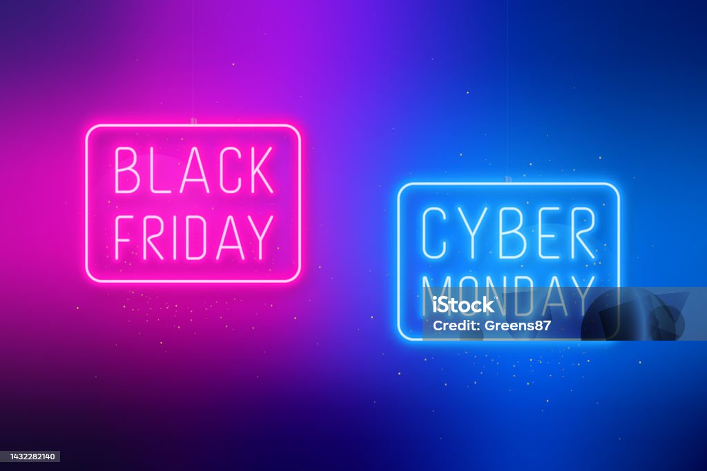 Black Friday, Cyber Monday banner. Hanging sale signboards on pink and blue bright background. Modern design with neon elements. Black Friday - Shopping Event stock vector Black Friday, Cyber Monday banner. Hanging sale signboards on pink and blue bright background. Modern design with neon elements. Black Friday - Shopping Event stock vector