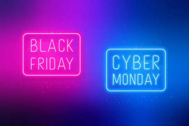 Vector illustration of Black Friday, Cyber Monday banner. Hanging sale signboards on pink and blue bright background. Modern design with neon elements.