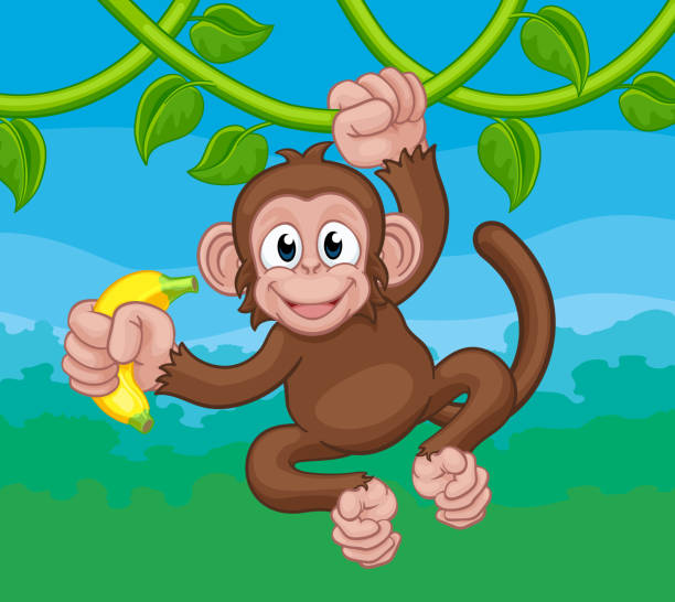 Monkey Singing On Jungle Vines With Banana Cartoon A monkey cartoon character singing on jungle vines with banana clip art of a monkey holding banana stock illustrations