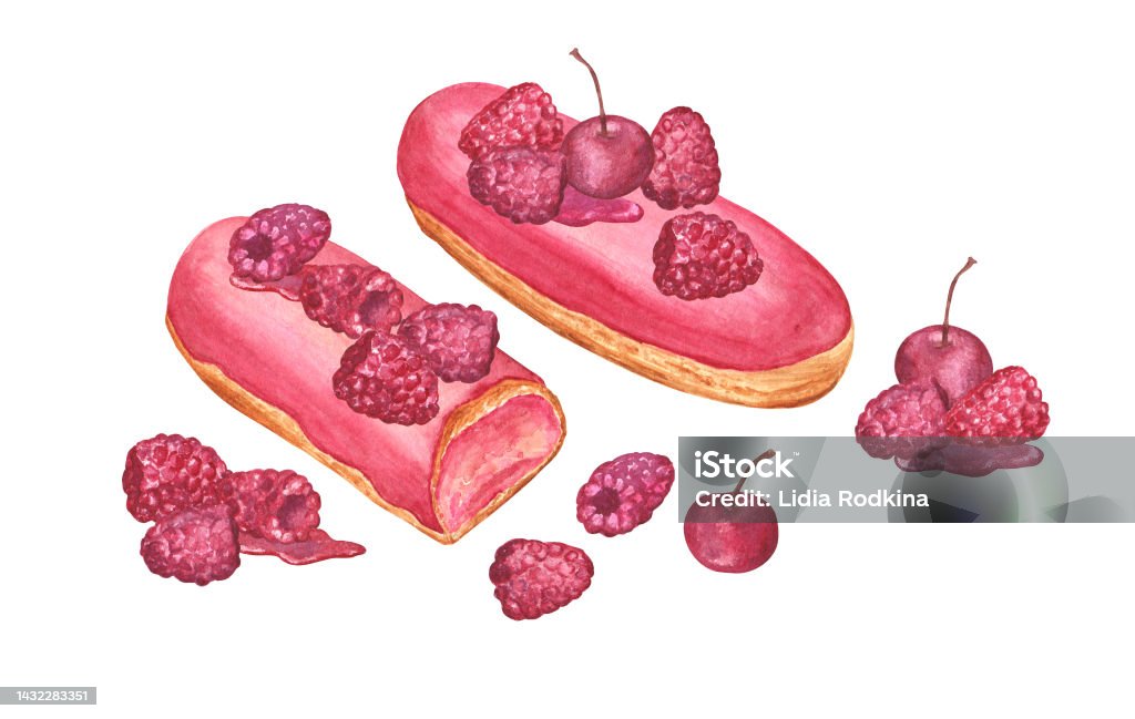 Cartoon Raspberry Eclair Raspberry Eclairs Watercolor Illustration Stock Illustration - Download ...