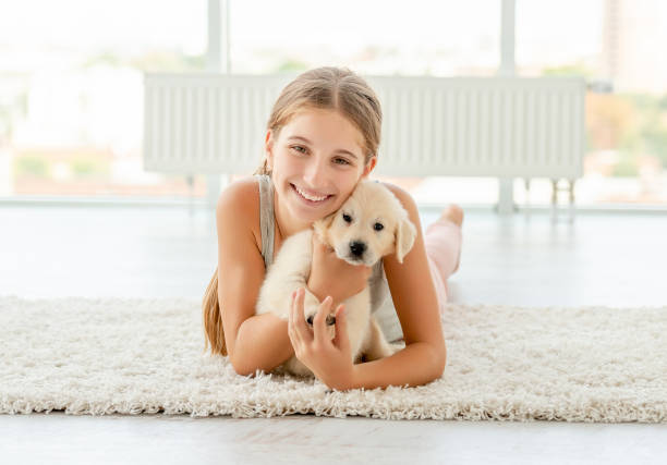 Smiling girl embracing retriever puppy indoors
