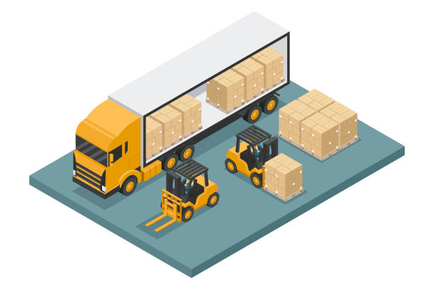Isometric forklift unloading stacked boxes on pallet from container truck or delivery truck. Safety in handling a fork lift truck. Industrial logistics of storage and distribution of products Isometric forklift unloading stacked boxes on pallet from container truck or delivery truck. Safety in handling a fork lift truck. Industrial logistics of storage and distribution of products safety first stock illustrations