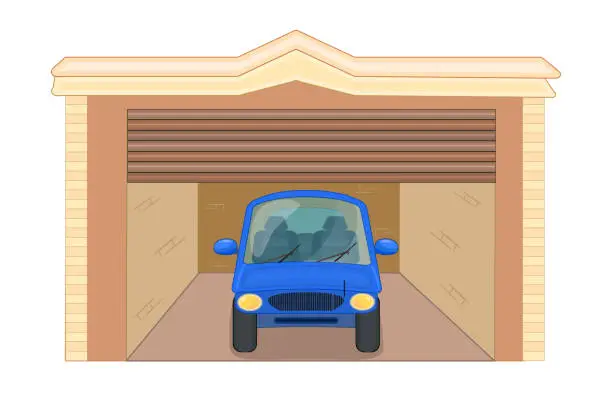 Vector illustration of Car in garage with open rolling door isolated on white background. Home garage with car.