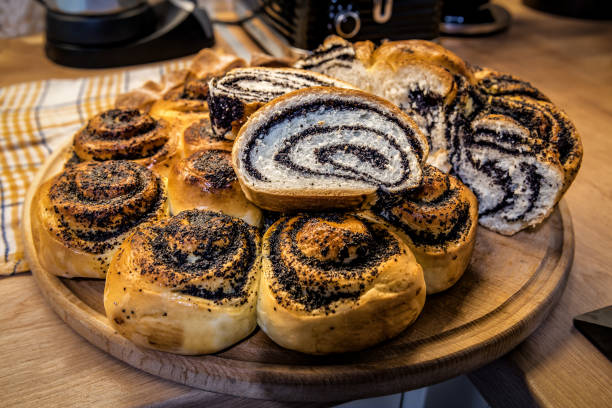 Poppy seed roll and delicious bun stock photo