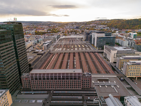 Main train station in downtown Oslo. Legal drone flight with special permission obtained from local aviation authority.