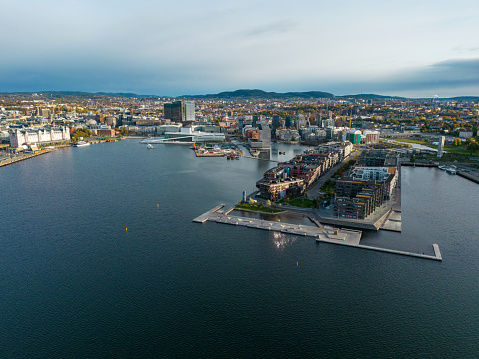 Waterfront apartments and pier in downtown Oslo, Norway. Legal drone flight with special permission obtained from local aviation authority.