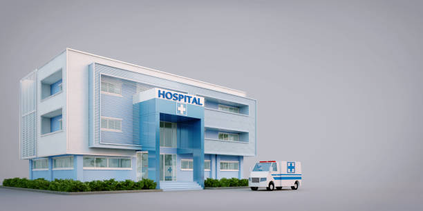 istock Hospital exterior isolated on background with ambulance.3d rendering 1432290015