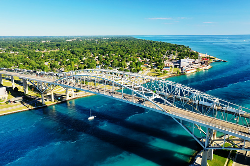 An aerial of the Blue Water Bridge bordering Sarnia and Port Huron