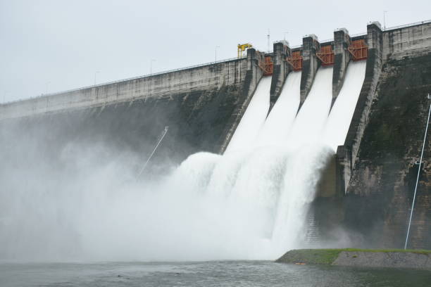 istock water splashing from floodgate Khun Dan Prakarn Chon huge concrete dam 1432290973