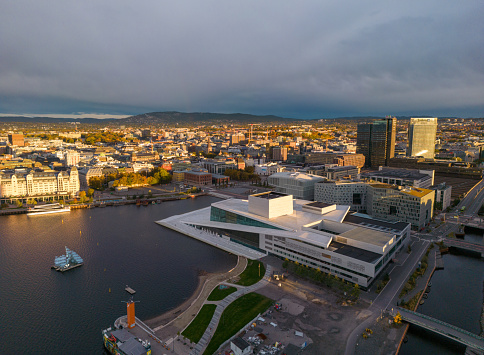 Drone shot of Oslo Opera House in Norway. Obtained via legal drone flight with special permission from local aviation authority.