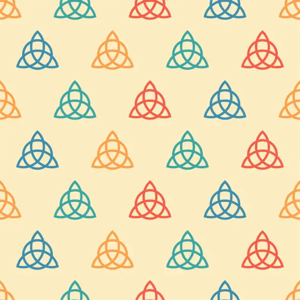 Vector illustration of Seamless pattern with triquetra. Sign celtic knot in retro color. Scandinavian protective amulet. Vintage design print for wrapping paper, wallpaper, fabric. Vector illustration