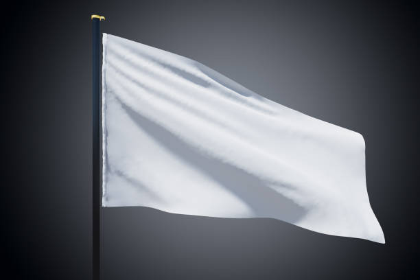 istock Blank white flag waving in the wind with copyspace for your logo or text isolated on dark grey background. 3D rendering, mockup 1432293078