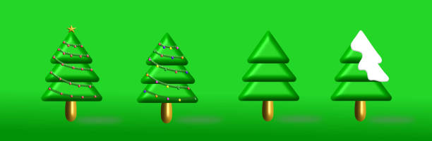 istock 3d illustration of Christmas trees. Holiday elements isolated on green background. Two with beautiful ornaments, one covered with snow and one without. 1432295413