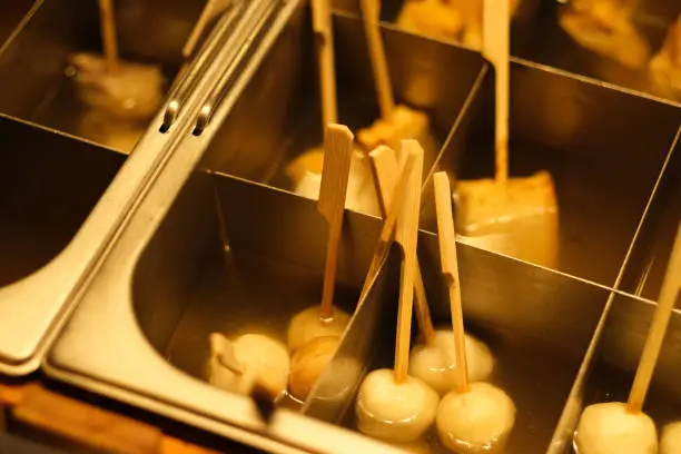 close up Oden in broth. Traditional Japanese snack food