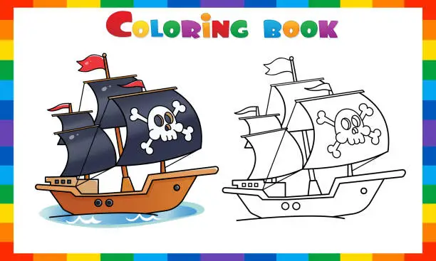 Vector illustration of Coloring Page Outline Of Cartoon pirate ship. Sailboat with black sails with skull in sea drawing. Coloring book for kids.