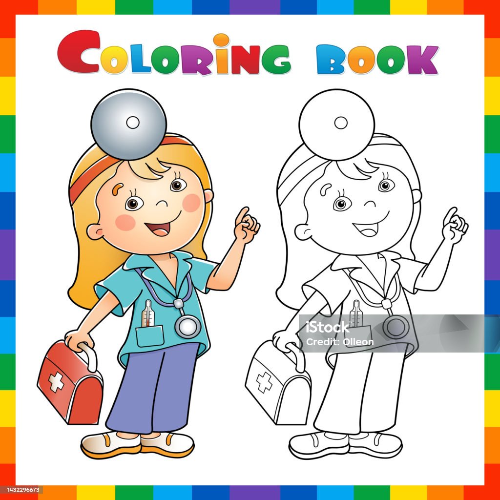 Bonito médico feliz com estojo de primeiros socorros. profissões de  pessoas. página do livro de colorir dos desenhos animados para crianças.