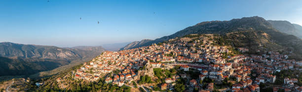 Arachova Greece mountain town aerial panorama, Boeotia. Tourist resort Arachova Greece mountain town aerial panoramic view. Traditional houses tourist resort famous for outdoor activities, Boeotia. arachova greece stock pictures, royalty-free photos & images