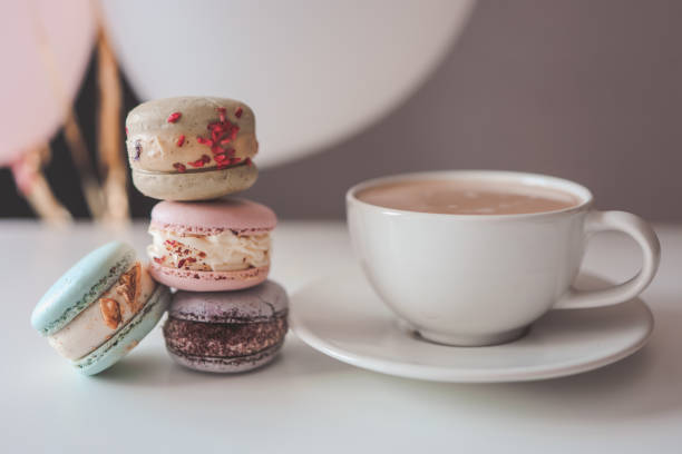 istock Morning coffee with macaroons in a cafe, good morning birthday 1432300111