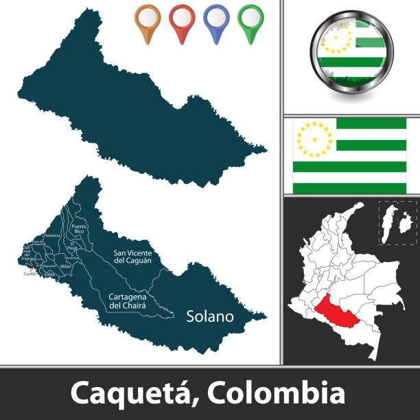 Caqueta Department, Colombia Map of Caqueta department with municipalities and location on Colombian map. Vector image caqueta stock illustrations