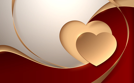 Golden heart on red and white background with ribbons in vector