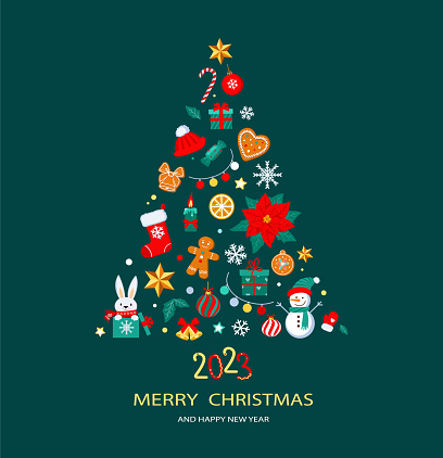 Christmas tree. Merry Christmas and Happy New Year. Color vector elements. Illustration for happy new year decor. Design for prints and postcards.