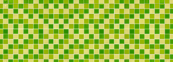 Abstract square pattern of modern green mosaic tile wall background in panoramic view.