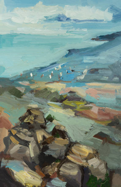 abstrakte berge ölmalerei. - painting stock-grafiken, -clipart, -cartoons und -symbole