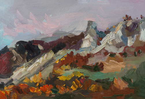 Mountains autumn oil painting. Author's modern painting. Sunny abstract autumn landscape at sunset. Beautiful mountain autumn landscape. View of the colorful multicolored forest. Handmade sketch