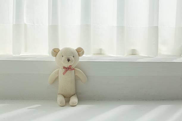 The white teddy bear in front of the window