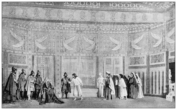 Antique image: "Athalie" theatre play in Harvard College, Boston Antique image: "Athalie" theatre play in Harvard College, Boston boston college campus stock illustrations