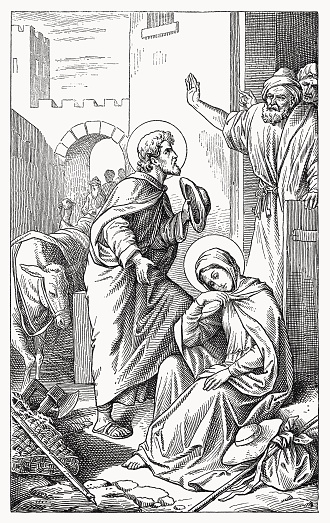 Mary and Joseph are looking for a place to stay in Bethlehem (Luke 2). Wood engraving, published in 1894.