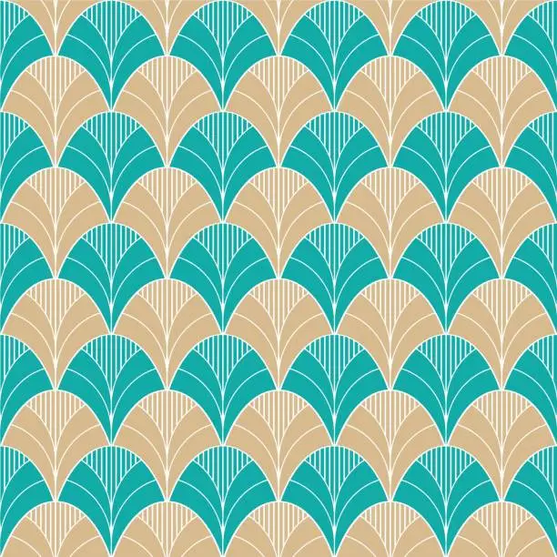 Vector illustration of Turquoise and beige stylized palmette vector pattern design