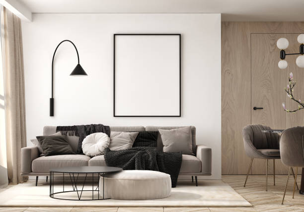 istock mock up poster frame in modern interior background, living room, Scandinavian style, 3D render, 3D illustration 1432319501