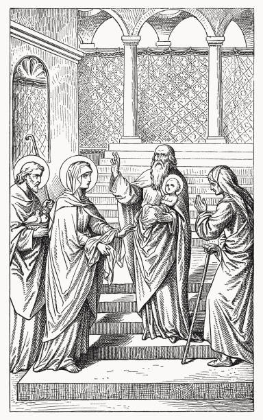 jesus' präsentation im tempel, holzstich, veröffentlicht 1894 - hannah stock-grafiken, -clipart, -cartoons und -symbole