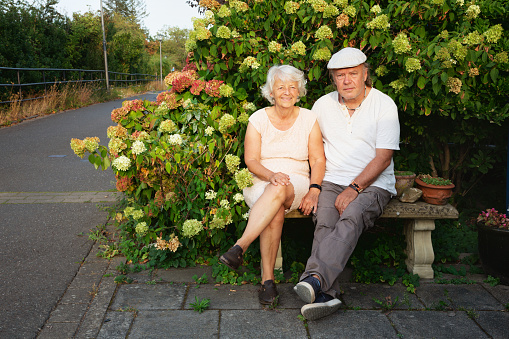 A senior couple is sitting on bench in garden in front of hydrangea bush , it is late afternoon, at a hot summer day, they are having a good time, leaning at each other