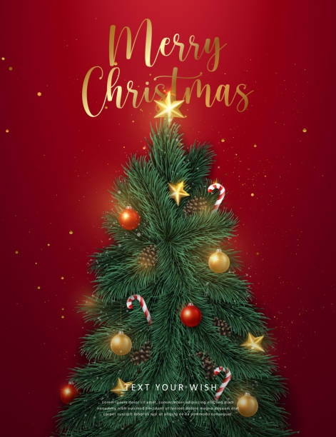 istock Merry Christmas composition 3D realistic pine fir tree candy cane and decoration bauble ball star ornaments 1432328148