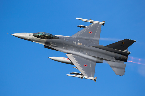 Belgian Air Force General Dynamics F-16 Fighting Falcon multirole fighter jet taking off from Leeuwarden Air Base. October 7, 2021