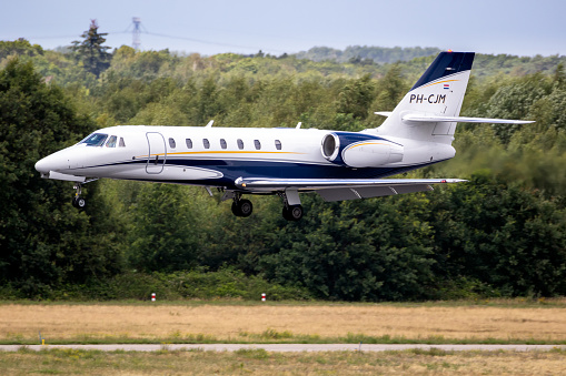 Cessna 680 Citation Sovereign corporate business jet arriving at Eindhoven Airport. The Netherlands - June 29, 2019