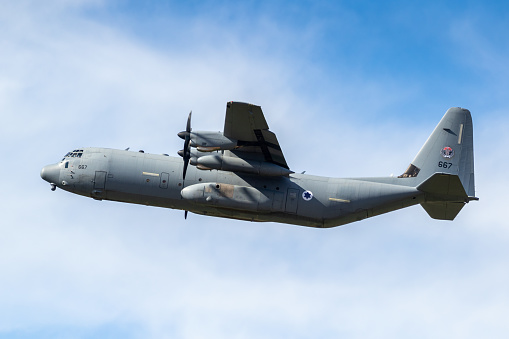 Israeli Air Force Lockheed C-130 Hercules military transport plane in flight. Germany - August 27, 2020
