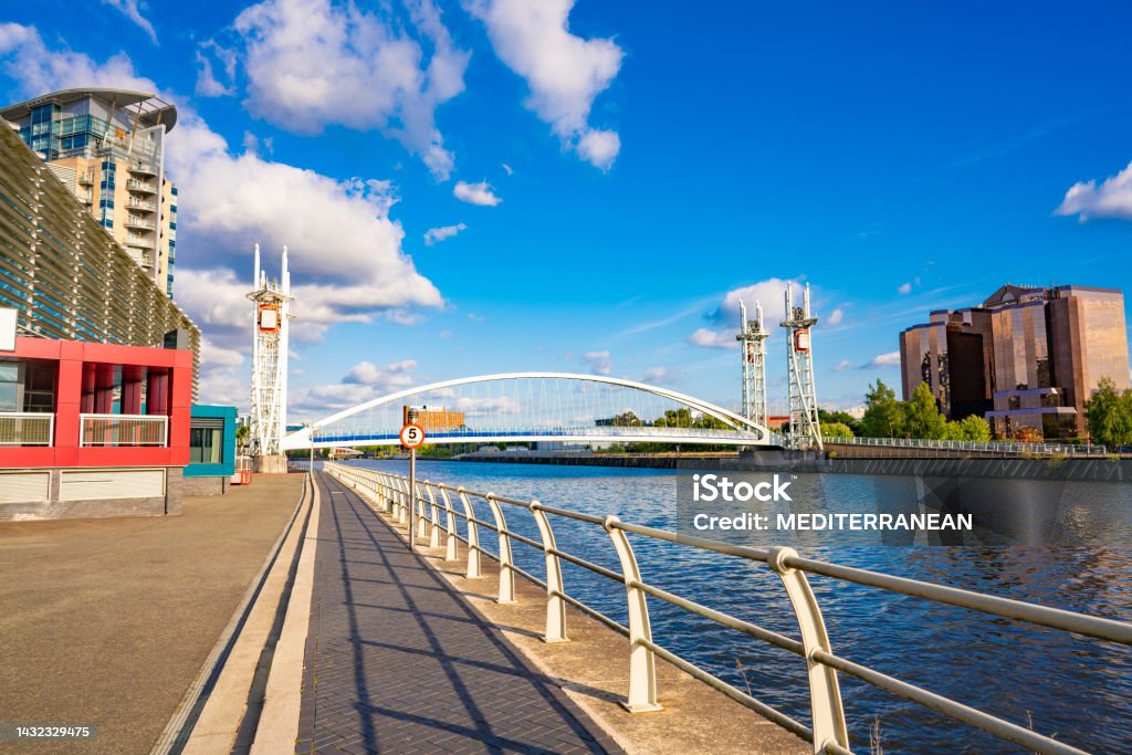 Manchester The Salford Quays in England UK Manchester The Salford Quays Millennium Bridge in England UK United Kingdom. Former Salfor Docks in 1894. Today is Greater Manchester's unique waterfront destination in Manchester Ship Canal. Salford Stock Photo