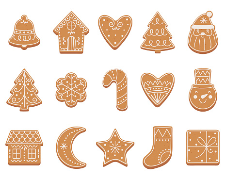 Set of Christmas gingerbread cookies in flat cartoon style. Vector illustration isolated on white background